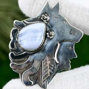 Stainless Steel and Blue Lace Agate Wolf Pendant
